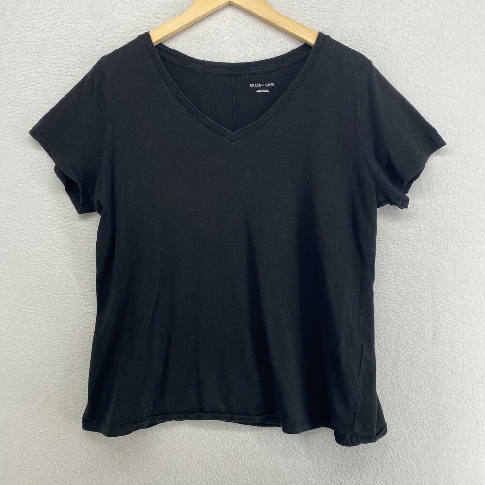 EILEEN FISHER Top L Slub Organic Cotton Jersey V-Neck Short Sleeve Black